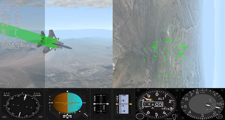 Figure 5: The Default BlueMax Cockpit in HIVE With Basic Flight Displays, a Heads-Up Display (HUD), and a Third-Person View of the Aircraft.