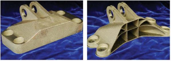 Figure 3. Side-by-Side Comparison of a Traditionally Made Engine Mount (left) and the Optimized AM-Produced Design (right) [6].
