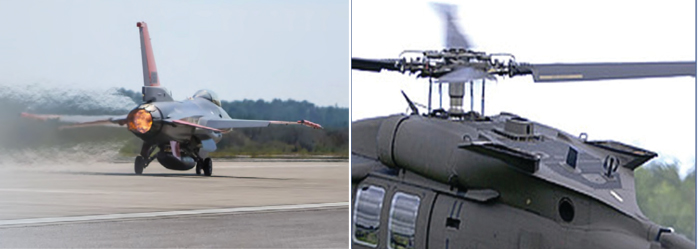 Figure 1: QF-16 Exhaust Nozzle (left [2014© William Schenck]) and UH-60M with UES Aft of Main Rotor Hub (right).
