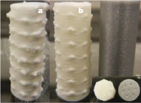 Figure 7: Progressions of AP Composite Propellant Grain Geometries: (a) Initial Print and (b) Improved Print Alongside Fused Filament Fabrication Print (Inset: Top-Down View) (Source: NSWC-IHEODTD).
