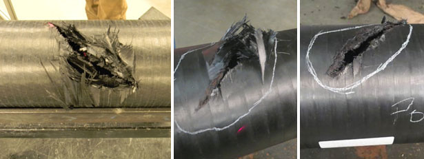 Figure 7. Ballistic Test Results for Normal (left) and Tumbled (middle and right) Impact Events.