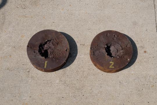 Figure 9: Steel witness plate penetration for Shot 1 (Left) and Shot 2 (Right) (Source: CCDC AC).