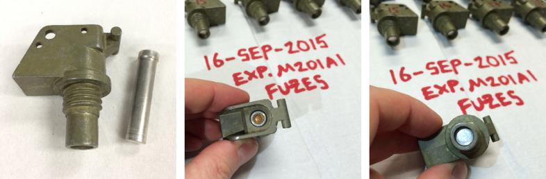 Figure 5: An M201A1 Fuze Body and Delay Case (Left), Top of an Assembled Fuze Showing the Primer (Middle), and Bottom of an Assembled Fuze Showing the Closed End of the Delay Case (Right) (Source: CCDC Armaments Center).