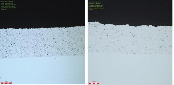 Figure 5: Micrographs of Cold-Sprayed 316 Stainless Steel Powder (-325 Mesh) Made by Praxair (Left) and the MolyWorks Mobile Foundry (Right). Although the MolyWorks Deposit Appeared to Have Less Porosity, It Contained Microcracking (Source: ARL).