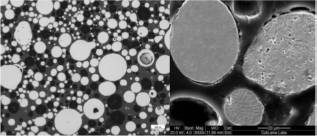 Figure 7: Scanning Electron Microscopy (SEM) Images of the 316 Stainless Steel Powder Produced by MolyWorks in the Mobile Foundry (100x Left, 3000x Right) (Source: ARL).