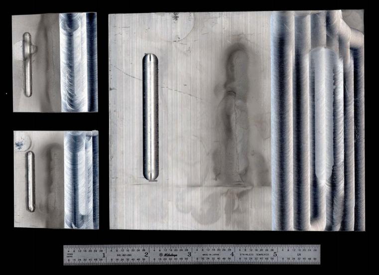Figure 8: Cold-Spray Deposition of Aluminum Powder (-325 Mesh) Made Entirely From Battlefield Scrap Within the MolyWorks Mobile Foundry Onto Three Panels (Source: ARL).
