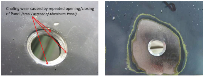 Figure 5: Example of Cold Spray Repair of B-1 Bomber Aircraft FEB Panel Showing Chafing Wear on Fastener Hole (Left) and Then After Grit Blasting, Cold Spray Repair, Grinding, Polishing, and Final Hole Machining (Right) (Source: Widener [13]). 