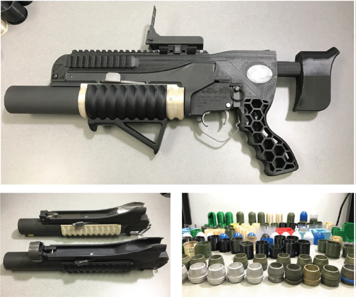 Figure 8: Examples of Printed Rifle (Top), Grenade Launcher (Bottom Left), and Printed Rounds (Bottom Right) (Source: Szondy and Lopez [16, 17]).