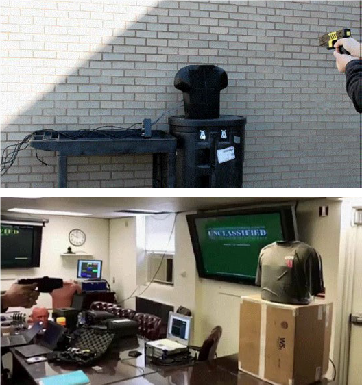 Figure 10: EM Torso Evaluation at CFDRC (Top) and Demonstration at the Joint Non-Lethal Weapons Directorate (JNLWD) (Bottom) (Source: CFDRC).