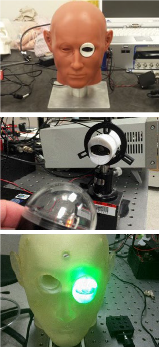 Figure 8: Eye Sensor Mounted in Surrogate (Top), Benchtop Mount (Middle), and Exposed to Green Laser Light (Bottom) (Source: CFDRC).