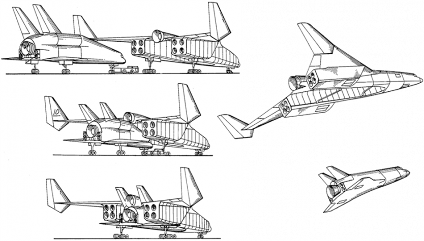 Figure 10: Boeing’s 1983 Two-Stage-to-Orbit TAV Concept: (Left) Mating of the Second-Stage Orbiter to the First-Stage Carrier Aircraft and (Right) Separation of the Orbiter From the Carrier Aircraft—the Point Where the Orbiter Begins Its Ascent to Orbit (Source: Boeing U.S. Patent 4,802,639).