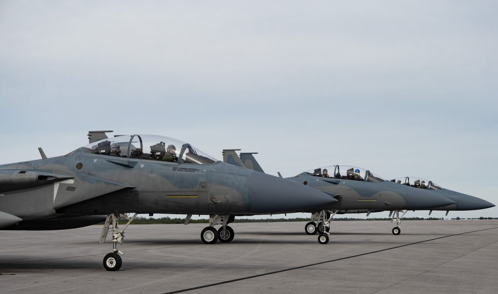 Three F-15EXs on the runway at Eglin AFB