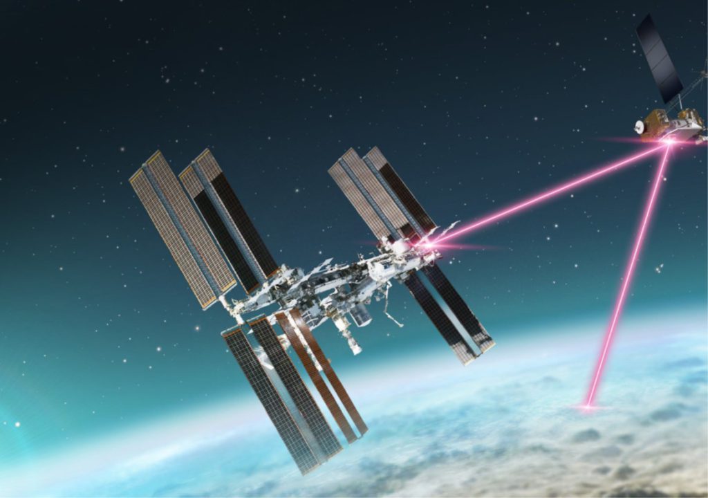 Space satellite with artistic rendering of directed energy beam