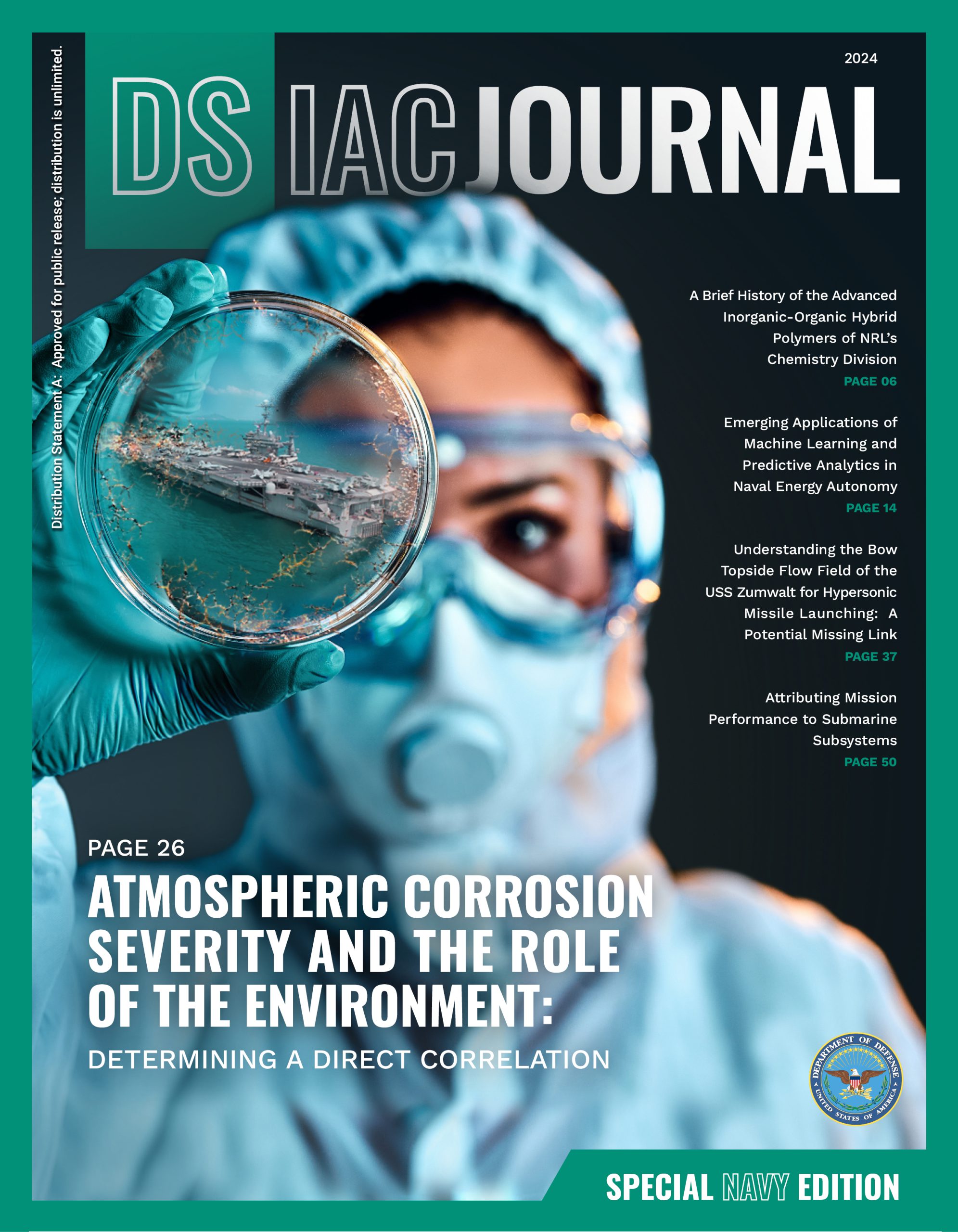 journal cover showing a person in PPE holding a petri dish with an image of a ship on it
