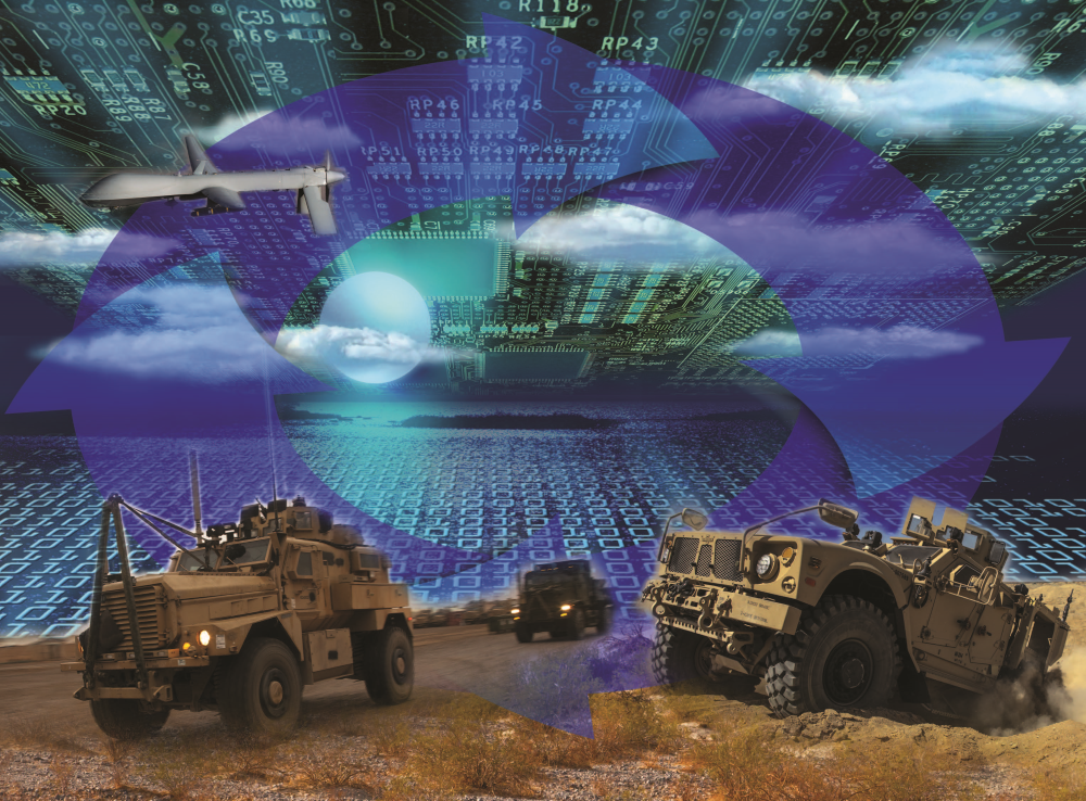 Image of ground vehicles in front of a background of binary code.