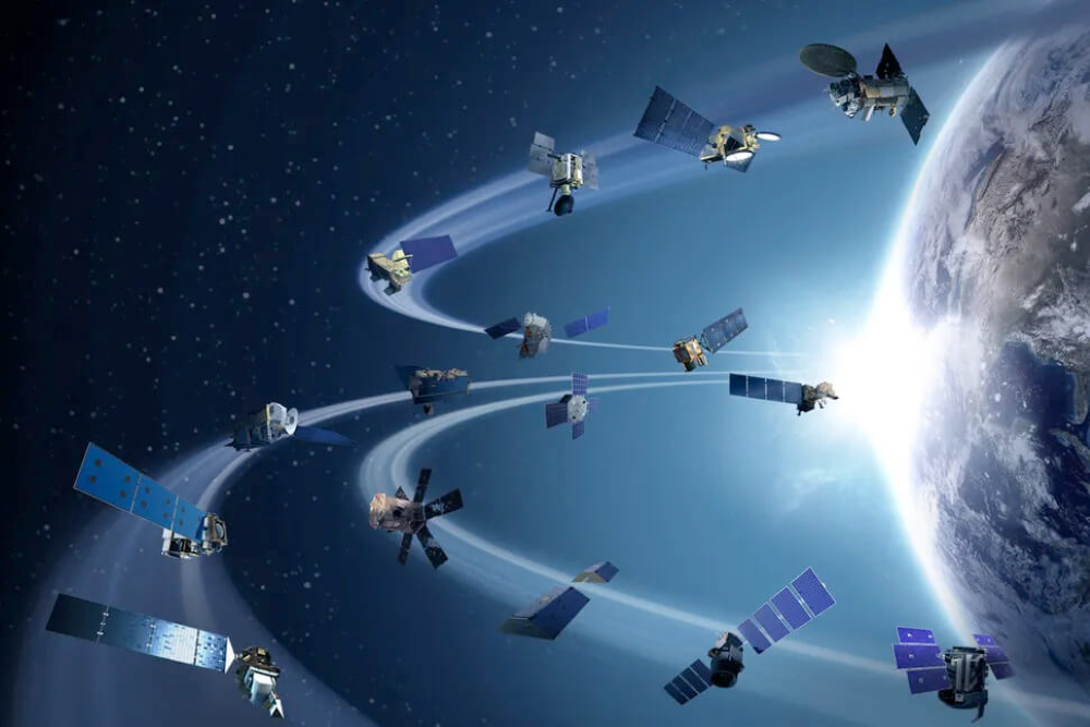 Satellites in space around the Earth.