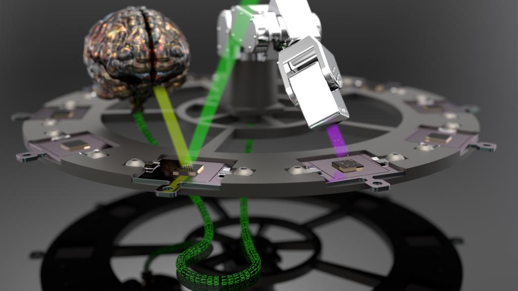 In this artist’s conception of the process, an automated deposition system places a new material onto a base material (purple beam, right) as the last sample that was made is analyzed and sent to the AI (green beams, brain, left). The AI tells the pulsed laser deposition machine what to do next (data cable, bottom). Credit: Chris Rouleau/ORNL, U.S. Dept. of Energy