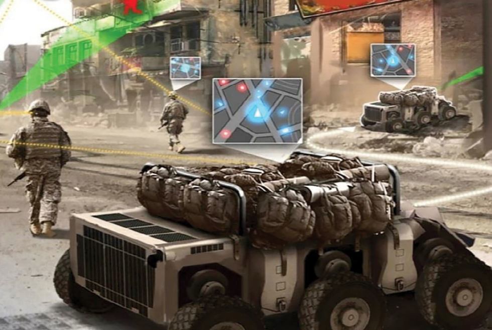 Image of warfighters traversing urban terrain with an unmanned vehicle.