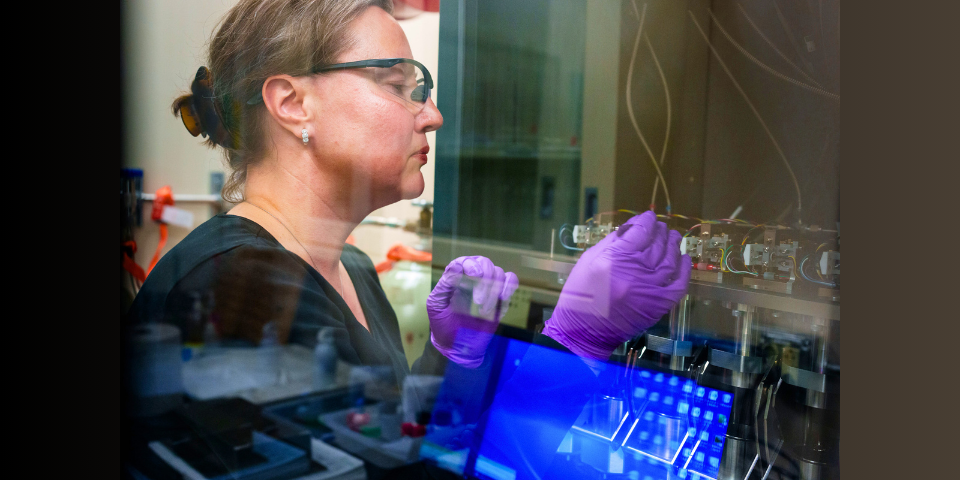 Scientist works on a vapor sorption analyzer used for characterizing surface chemistry of porous solids at Sandia National Labs.