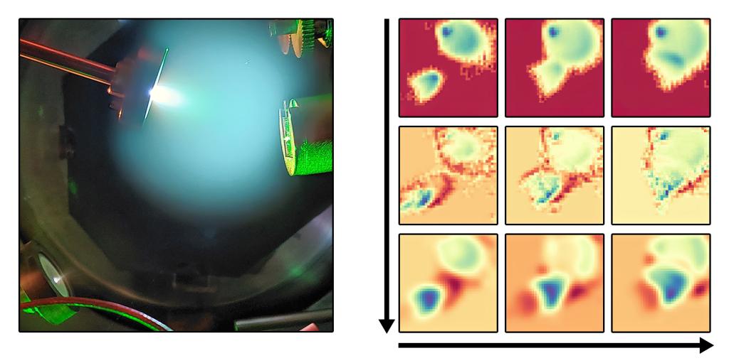 Pictured on the left, human vision of the pulsed laser deposition plasma plumes. On the right, images from movies of the interpretation of the plasma plumes by AI, which can predict film growth characteristics. Credit: Sumner Harris/ORNL, U.S. Dept. of Energy