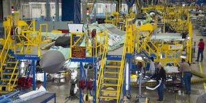 From the factory floor … Lockheed Martin employees work on the F-35 Lightning II Joint Strike Fighter production line in Fort Worth, Texas. Defense Contract Management Agency LM Fort Worth Keystones support the vital Department of Defense mission of administering Joint Strike Fighter contracts (photo by:
Defense Contract Management Agency).