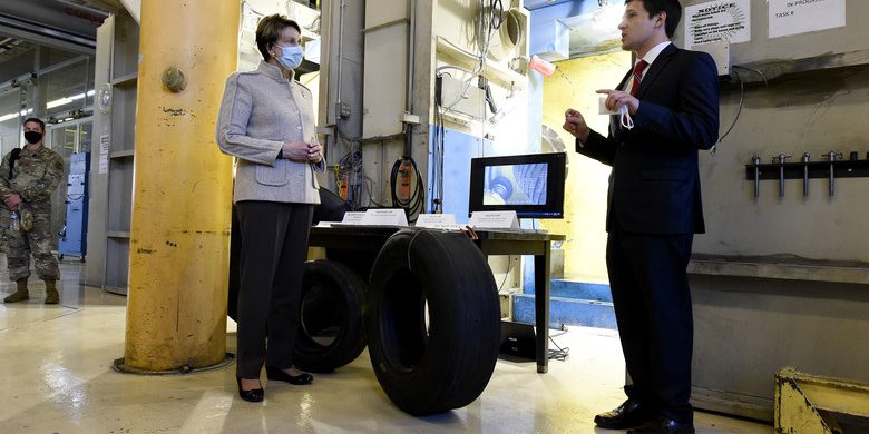 Secretary of the Air Force Barbara Barrett is briefed by Sami Labban at the Landing Gear Test Facility, Wright-Patterson Air Force Base, OH, April 21, 2020. Engineers at the facility have developed a new, one-of-a-kind test capability that can identify, characterize, and classify tire wear under realistic operational conditions – saving thousands per tire over the life cycle (U.S. Air Force photo by Ty Greenlees).