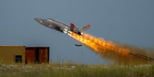 A XQ-58 Valkyrie launches for a test mission on August 22 at Eglin Air Force Base, Fla. The mission successfully tested components that greatly reduce the risk of large scale crewed and uncrewed autonomous systems (U.S. Air Force photo/2nd Lt. Rebecca Abordo).