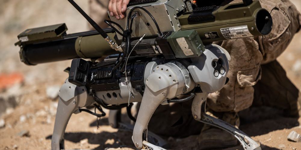 U.S. Marines with Tactical Training and Exercise Control Group, Marine Air- Ground Task Force Training Command and scientists with the Office of Naval Research conduct a proof-of-concept range for the Robotic Goat at Marine Corps Air-Ground Combat Center, Twentynine Palms, California, Sept. 9, 2023. The goat can carry different payloads and was testing its ability to acquire and prosecute targets with the M72 Light Anti-Tank Weapon (U.S. Marine Corps photo by Lance Cpl. Justin J. Marty).