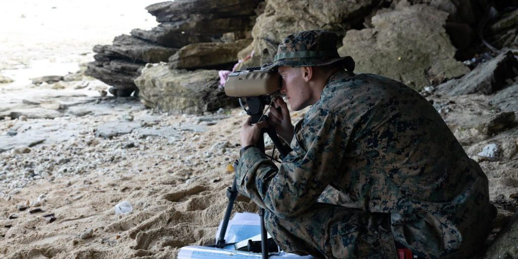 U.S. Marine Corps Cpl. Hunter Way, a fire support Marine with Marine Rotational Force-Southeast Asia, I Marine Expeditionary Force, watches for notional vessels of interest at a shore-based maritime sensing site for a simulated close air support activity during MRF-SEA 23, in Sorsogon, Luzon, Philippines, Oct. 9, 2023. Sensing sites such as this one advance maritime domain awareness and improve lethality of the joint force. MRF-SEA is a Marine Corps Forces Pacific operational model which involves planned exchanges with subject matter experts, promotes security goals with Allies and partners, and positions I MEF forces west of the International Date Line (U.S. Marines).