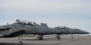 Three F-15EXs on the runway at Eglin AFB