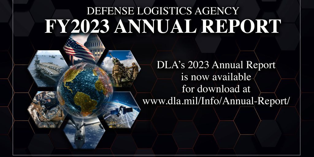 DLA's FY2023 Annual Report cover with images of the world, the U.S. flag, an aircraft carrier, a fighter jet, and soldiers