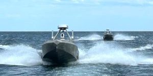 Twin Unmanned Surface Vessels controlled remotely by Autonomy Baseline operate in Thunder Bay, Michigan