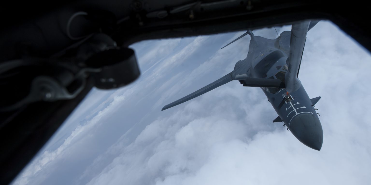 A USAF B-1B Lancer assigned to 34th Expeditionary Bomb Squadron receives in-flight fuel from a KC-135 Stratotanker during a mission in support of Operation Inherent Resolve over Iraq on October 16, 2018 (Air Force photo by Staff Sgt. Keith James).