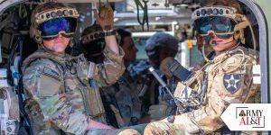 Soldiers with Third Platoon, “Blackhorse” Company, 2nd Battalion, 3rd Infantry Regiment, 1st Stryker Brigade Combat Team, 2nd Infantry Division wear upgraded Integrated Visual Augmentation System goggles while sitting inside a Stryker armored vehicle preparing for a movement-to-contact urban raid exercise on Joint Base Lewis-McChord, Washington, August 24, 2022 (photos by Spc. Chandler Coats, 5th Mobile Public Affairs Detachment).