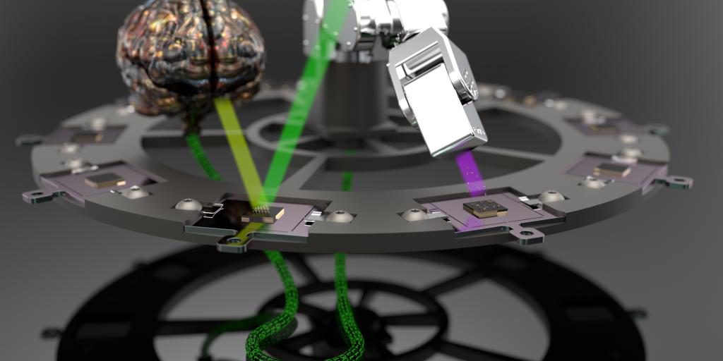 In this artist’s conception of the process, an automated deposition system places a new material onto a base material (purple beam, right) as the last sample that was made is analyzed and sent to the AI (green beams, brain, left). The AI tells the pulsed laser deposition machine what to do next (data cable, bottom). Credit: Chris Rouleau/ORNL, U.S. Dept. of Energy