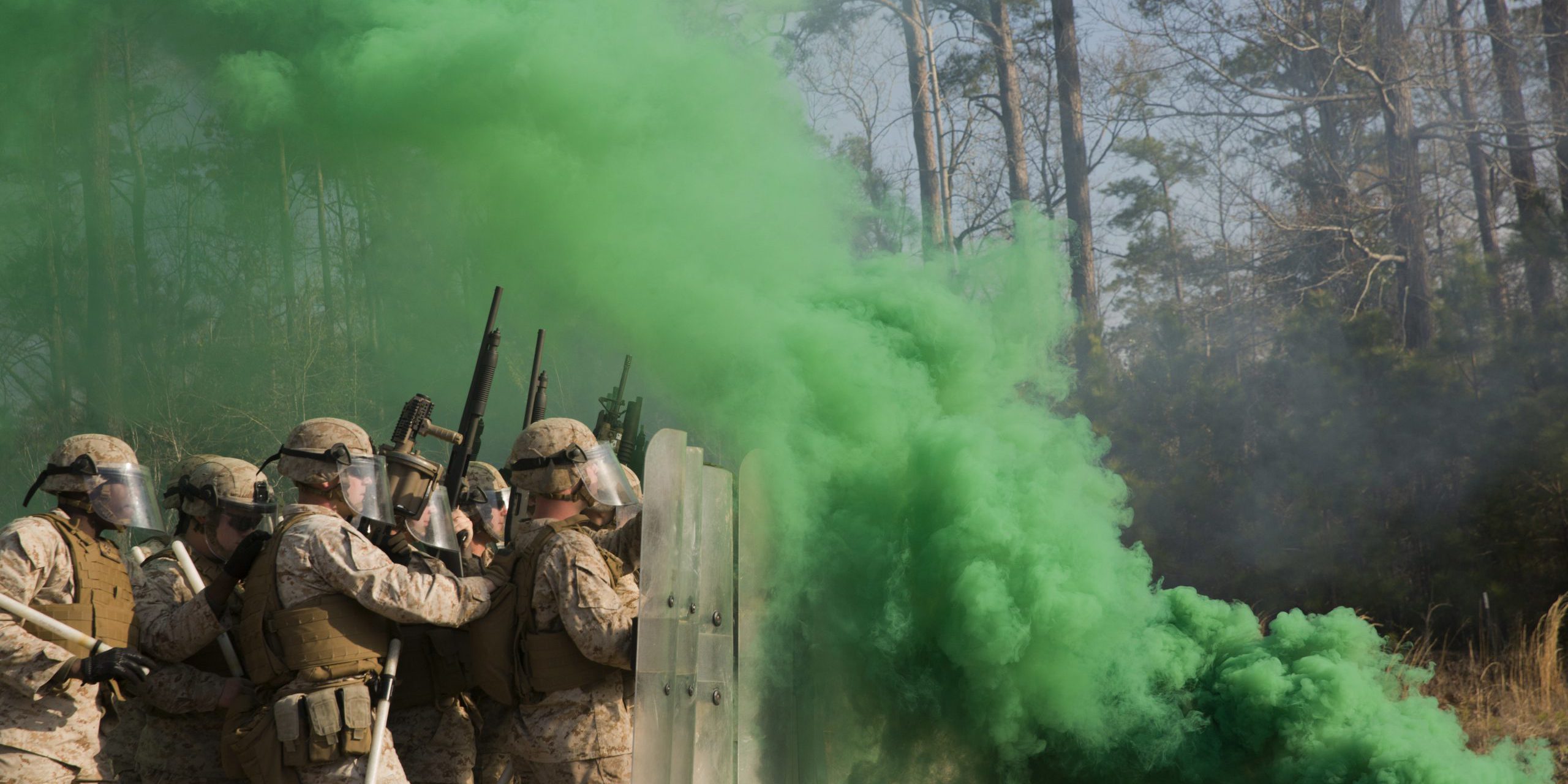 Smoke grenades thrown by course instructors envelop Marines with Golf Company and Echo Battery, 2nd Battalion, 6th Marine Regiment, in thick, green smoke during a non-lethal weapons training exercise aboard Camp Lejeune, N.C., March 25, 2015. The Marines participated in a two-week NLW course that teaches various riot-control methods. (U.S. Marine Corps photo by Lance Cpl. Fatmeh Saad/Released)