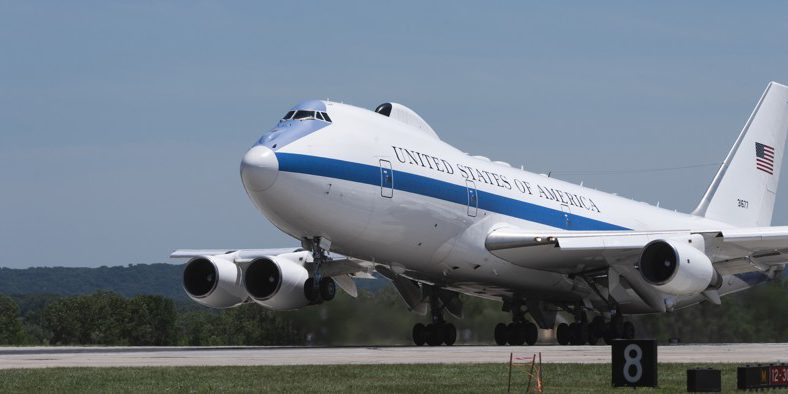 E-4B National Airborne Operations Center aircraft takes off from Offutt Air Force Base, Nebraska, July 10, 2019 (U.S. Air Force).