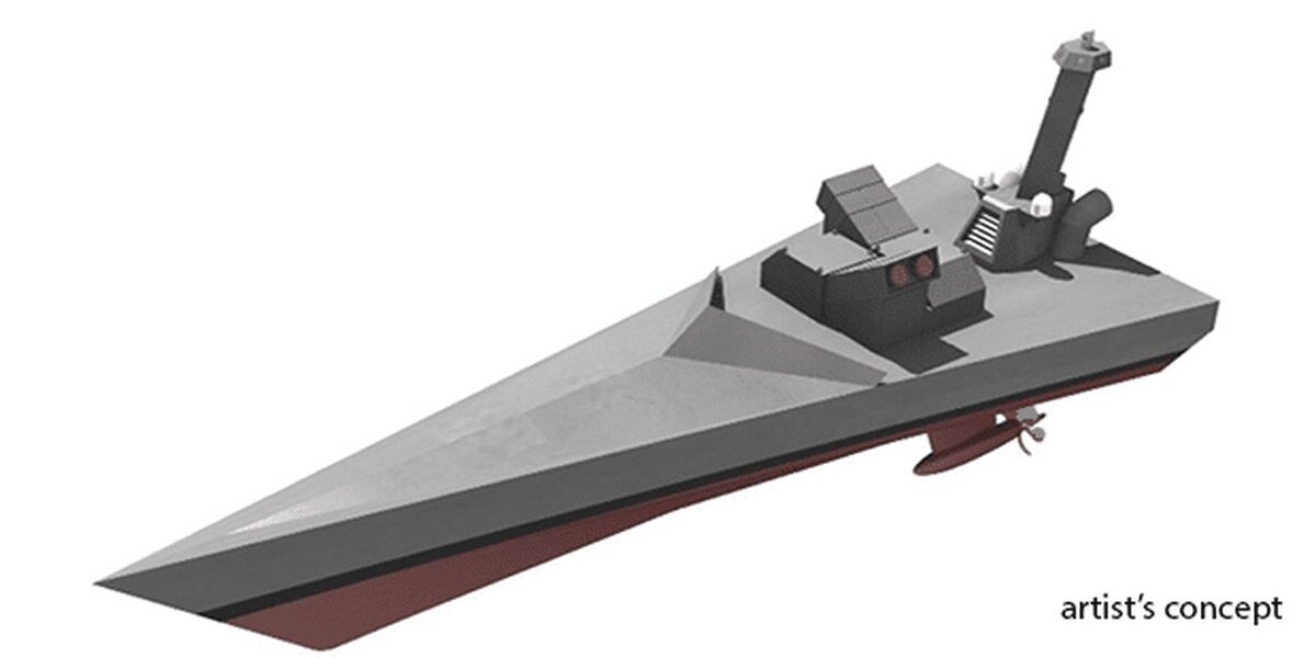 A Defense Advanced Research Projects Agency artists' rendering of a ship designed to operate completely without human intervention (source: DARPA).