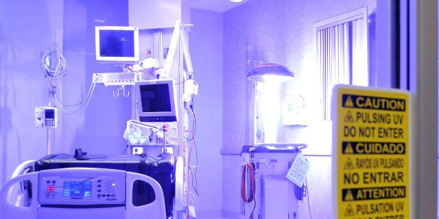 L-VIRA, a germ-zapping robot, emits a flash of ultraviolet c (UVC) light for disinfection of an Intensive Care Unit hospital room at William Beaumont Army Medical Center (Photo Credit: U.S. Army).