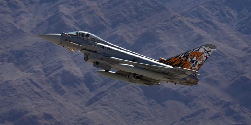 A Spanish Air Force Eurofighter Typhoon aircraft ascends in preparation for Red Flag 20-2 at Nellis Air Force Base, NV, on March 6, 2020. The Typhoon is a new generation multirole/swing-role combat aircraft and offers wide-range operational capabilities (U.S. Air Force photo by William Lewis).